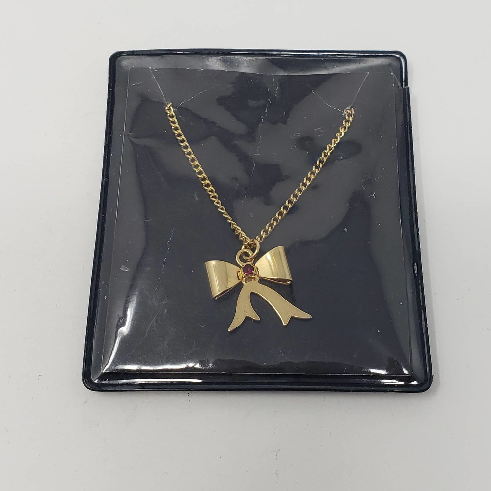 Gold Tone Chain Bow Ribbon Pendant Red Crystal - Picture 6 of 7